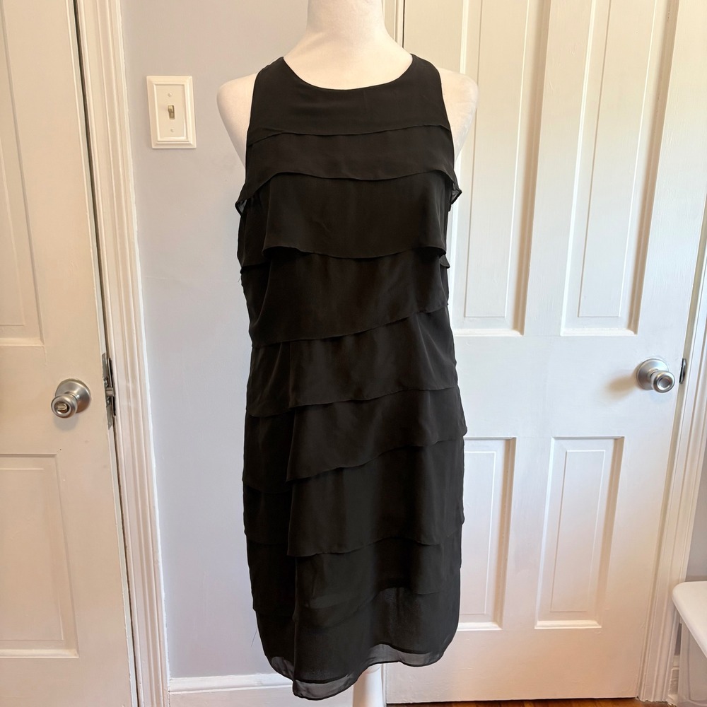 Kenar Womens 8 Tiered Sheath Dress Black Silk Layered Sleeveless Formal Wedding